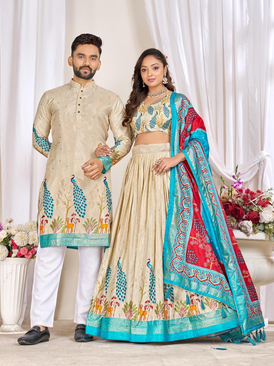 LOVE BIRDS Dola Silk Cream Designer lehenga choli shopping