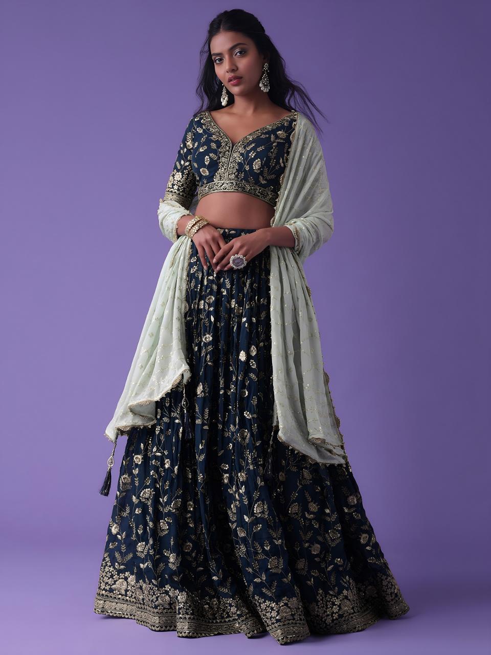 Luxurious Deep Heavy Georgette Blue Latest Lehengha choli designs wholesale market