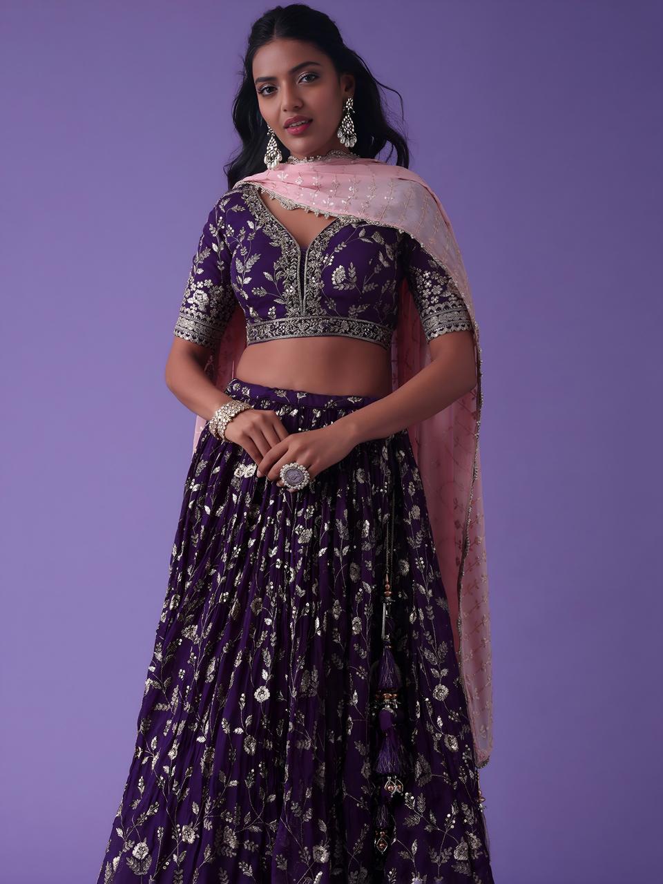 Luxurious Deep Heavy Georgette Purple Bridal lehenga wholesale market Surat
