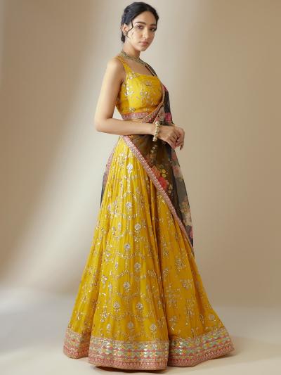 Luxurious Deep Heavy Georgette Yellow Lehenga choli suppliers in Surat