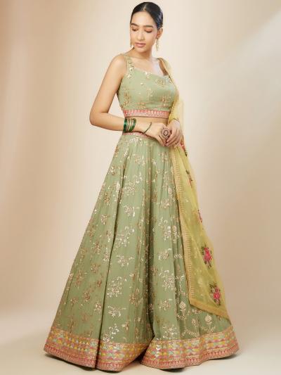 Luxurious Sage Green Heavy Georgette Pista Party wear Lehengha choli for event planners