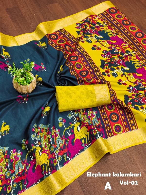 Malhar kavya-vol-15 beautiful dola silk elephent printed indian saree fashion