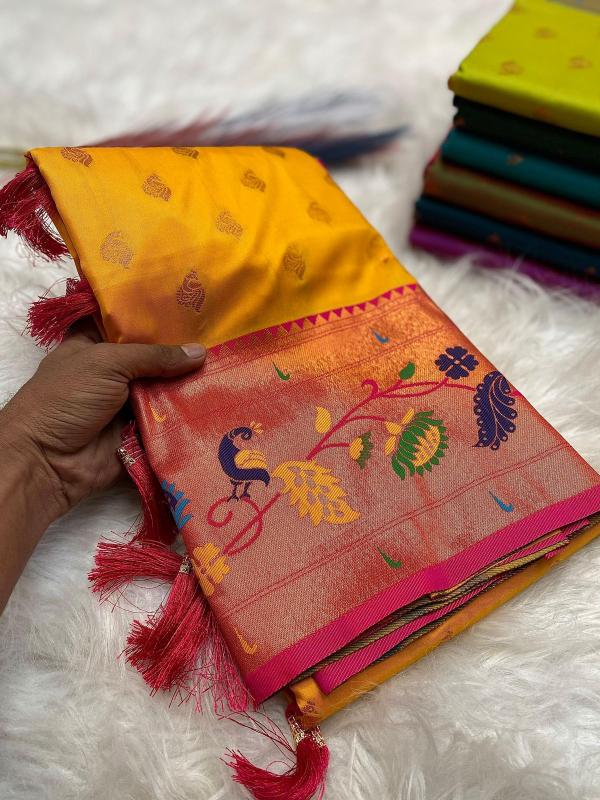 Marigold paithani soft silk with brocade blouse piece indian saree store
