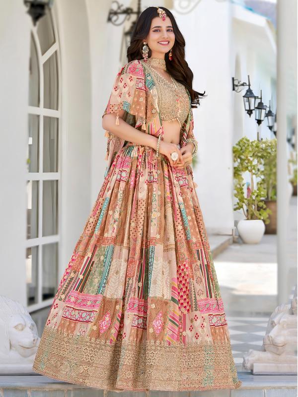 Multicolor Printed Embroidered Chinnon Silk Beige Wholesale lehenga choli suppliers in India