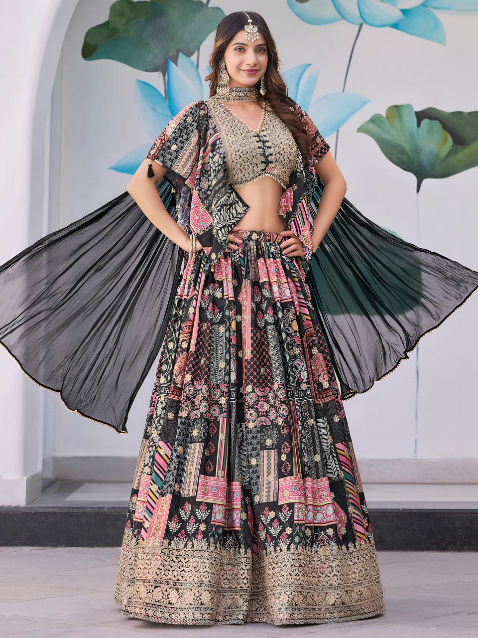 Multicolor Printed Embroidered Chinnon Silk Black Wholesale lehenga choli manufacturers in India