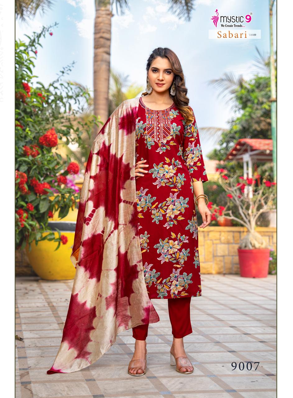 Mystic9 sabri vol 9 rayon foil print 3 pcs kurti dress surat cloth market