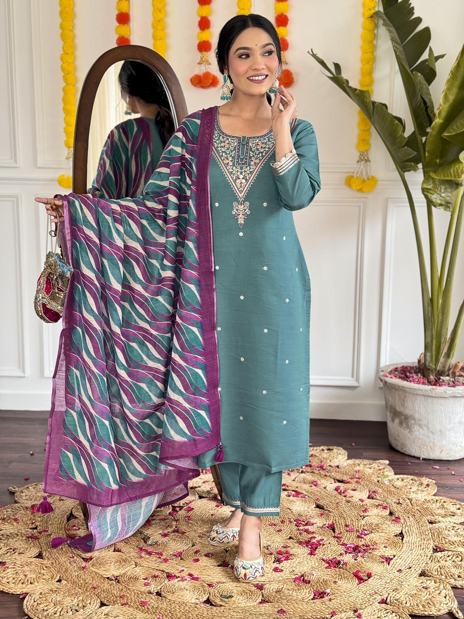 Namrata viscose chanderi straight 3 pcs women kurti brands in india