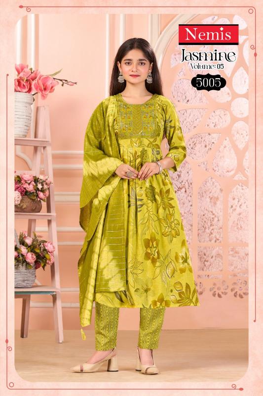 Nemis jasmine vol 5 kids wear foil print 3 pcs kurti cheap wholesale clothing suppliers