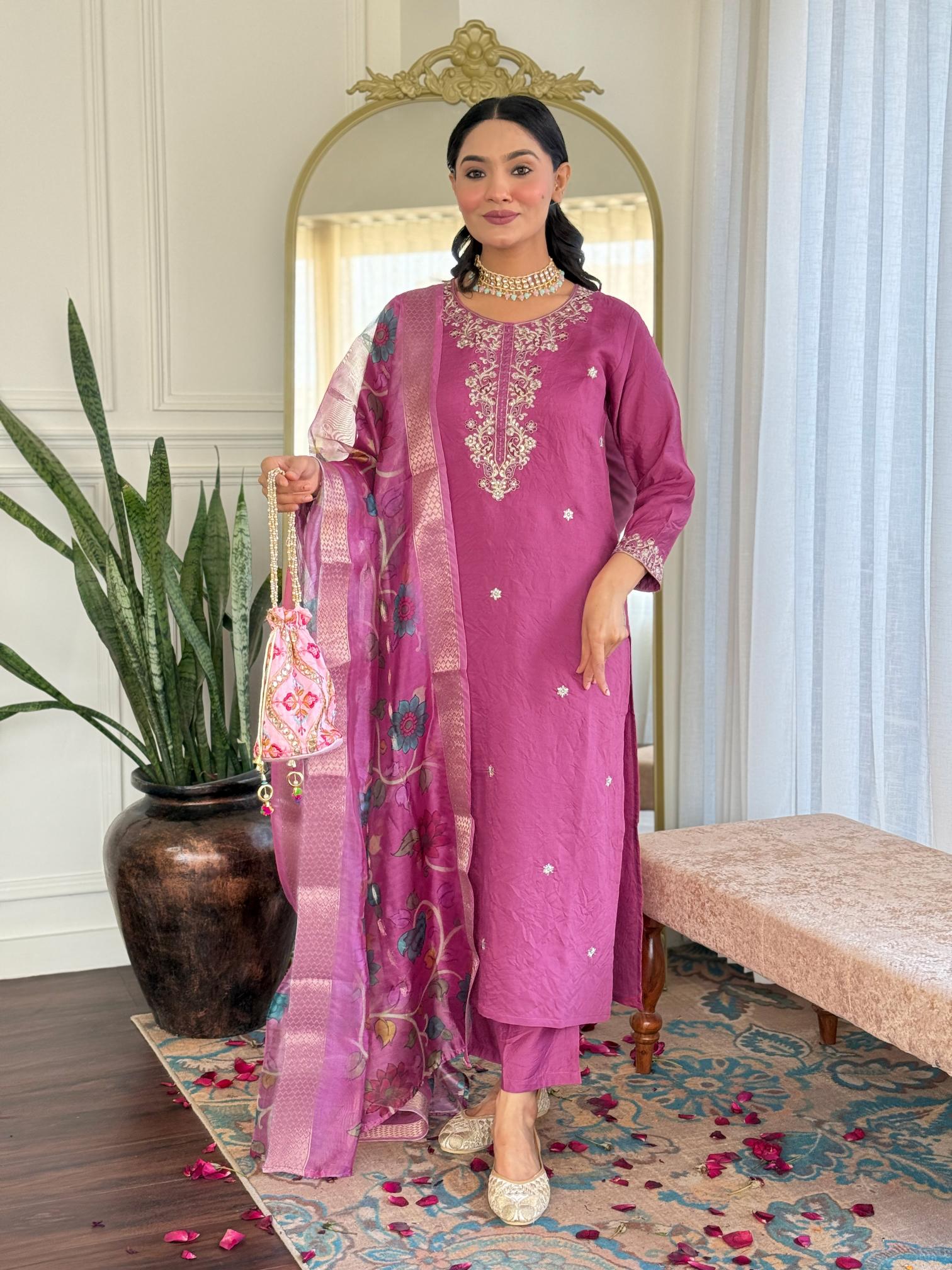 Nirvana viscose chanderi straight cut 3 pcs indian long kurti designs