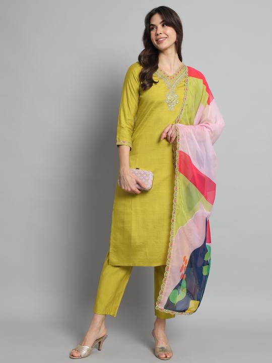 NK 440 lemon yellow reyon straight 3 pcs v neck kurtis online india