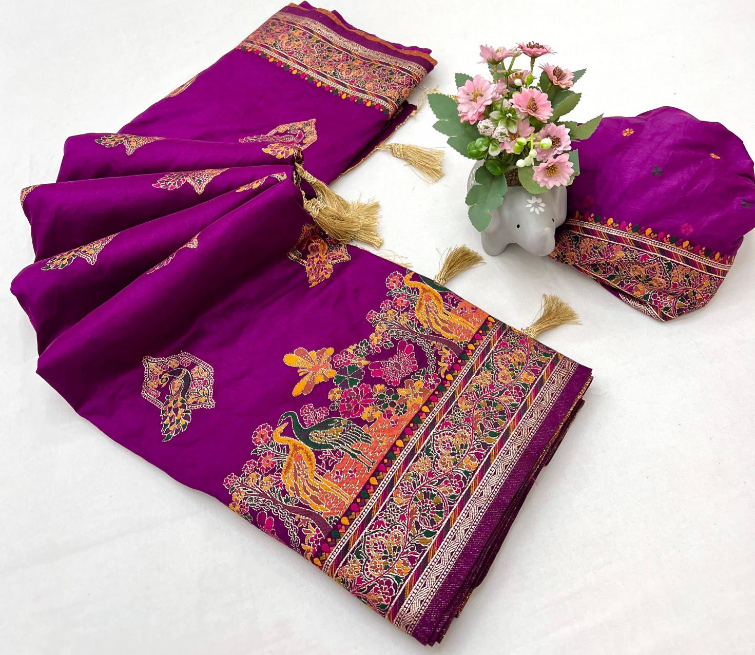 Pashmina kashmiri silk meenakari pallu indian ethnic saree
