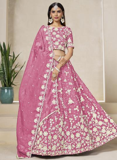 Pink Organza Thread Embroidery Work wholesale lehenga with price