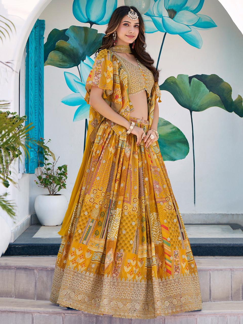 Queen Multicolor Chinnon Silk Yellow Surat lehenga choli wholesale market