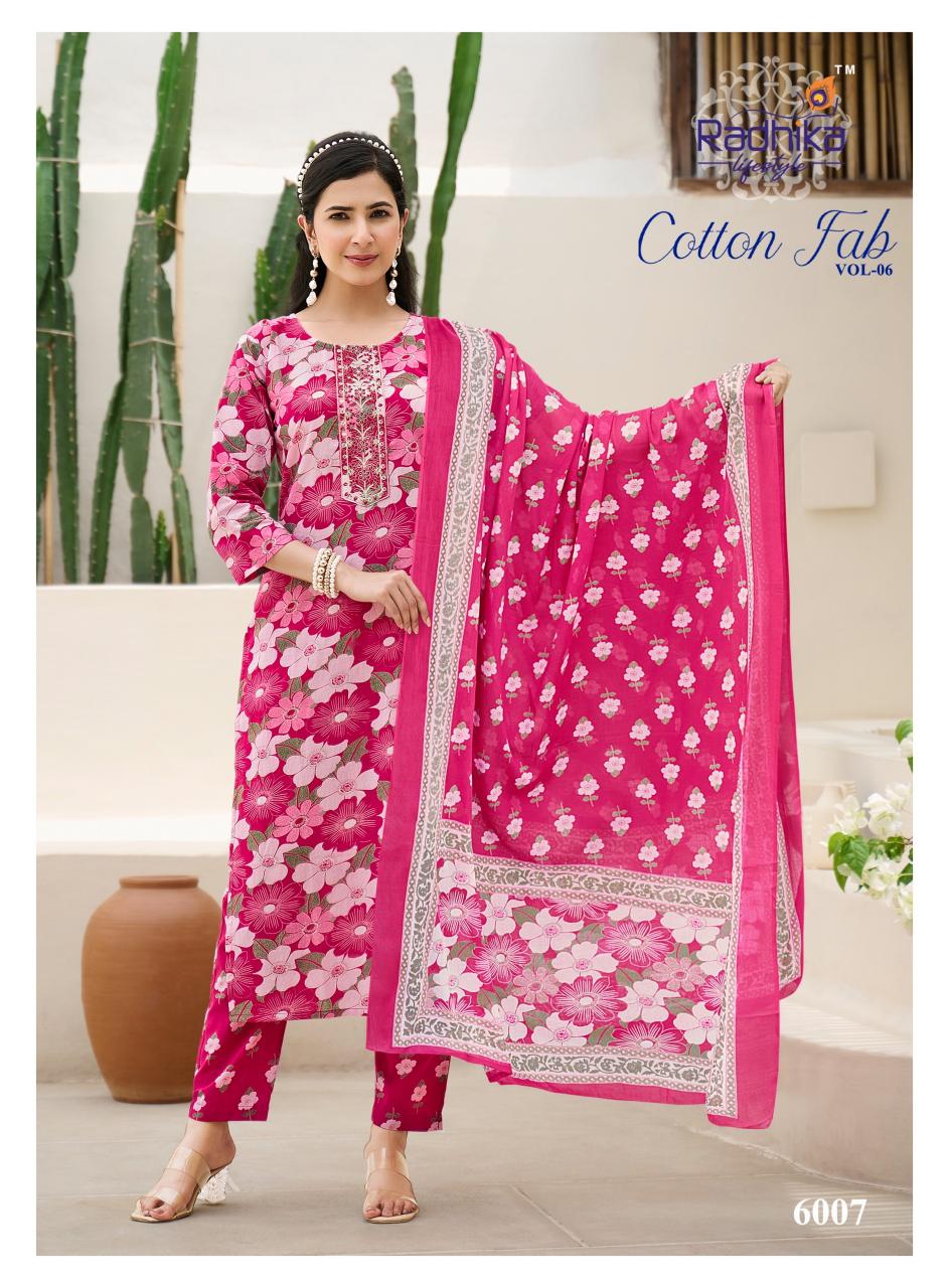 Radhika lifestyle cotton fab vol 6 cotton print 3 pcs kurtis wholesaler in surat