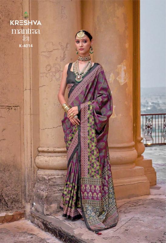 Shorya kreshva mantraa silk with ajarakh print wholesale saree market surat