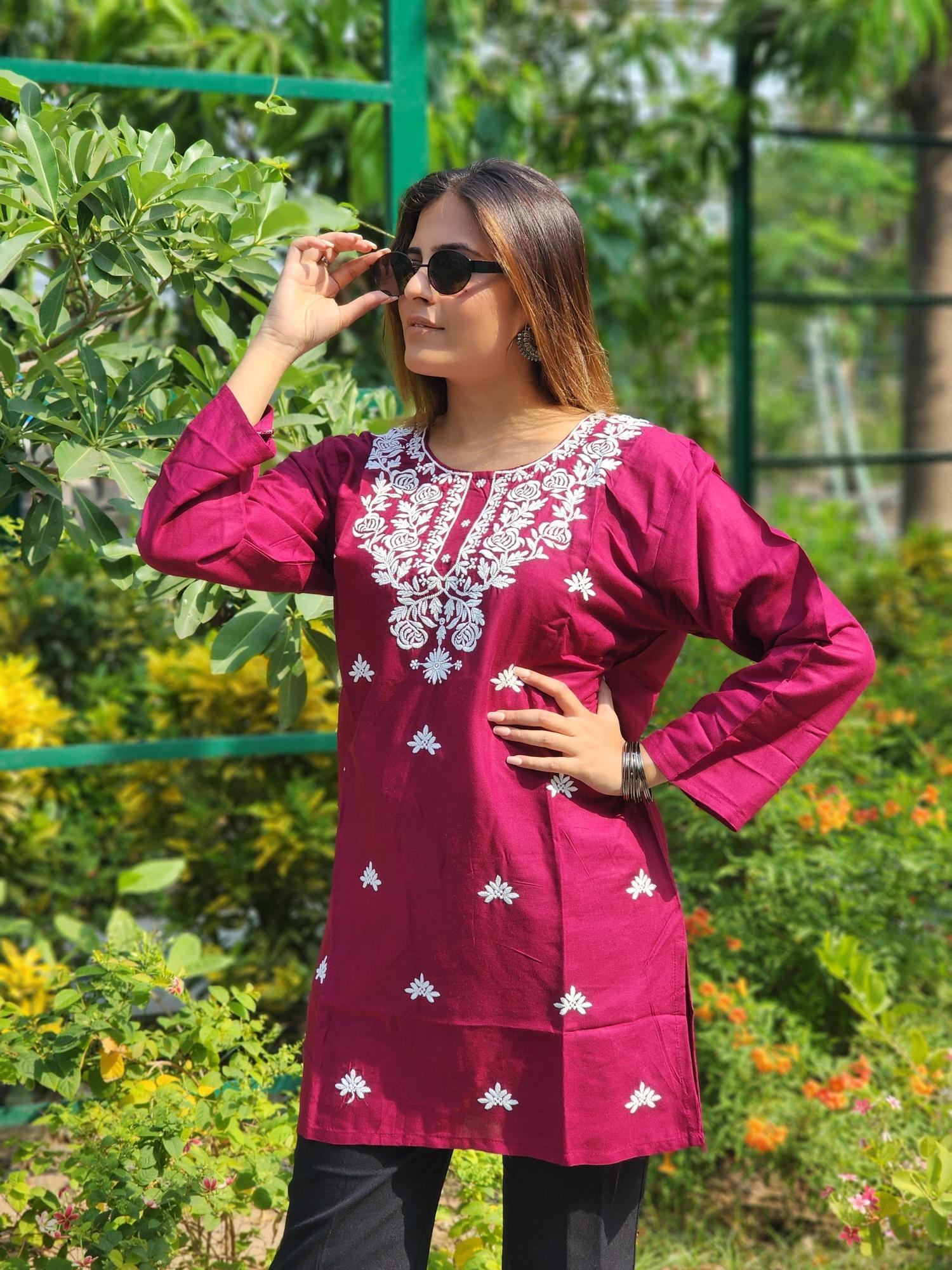 Shree salasar reyon embroidery work short tops kurti wholesale