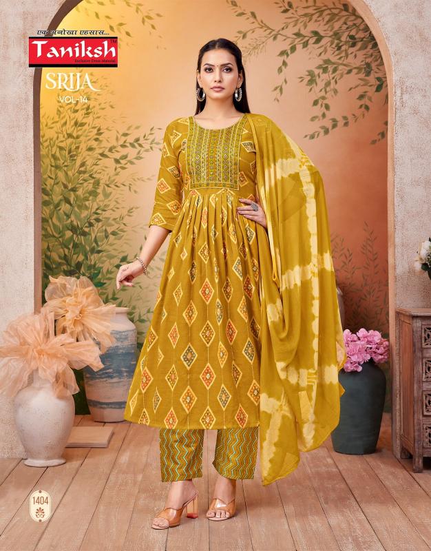 Taniksh srija vol 14 capsule print anarkali style 3 pcs kurti in surat
