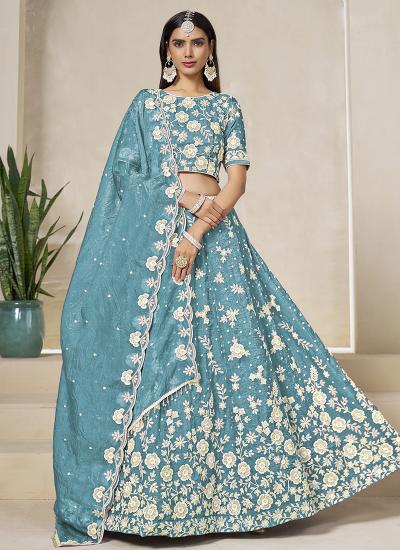 Turquoise Organza Thread Embroidery Work lehenga choli hole wholesale market