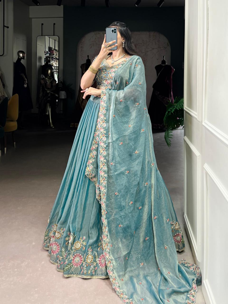 Zari Shimmer Sky blue Wholesale lehenga choli market in Surat