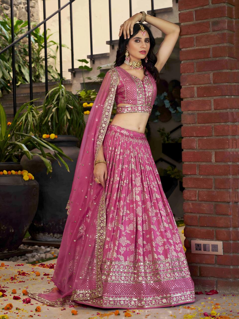 Zeel Clothing Dola Silk Jacquard Pink gajiwala lehenga wholesale