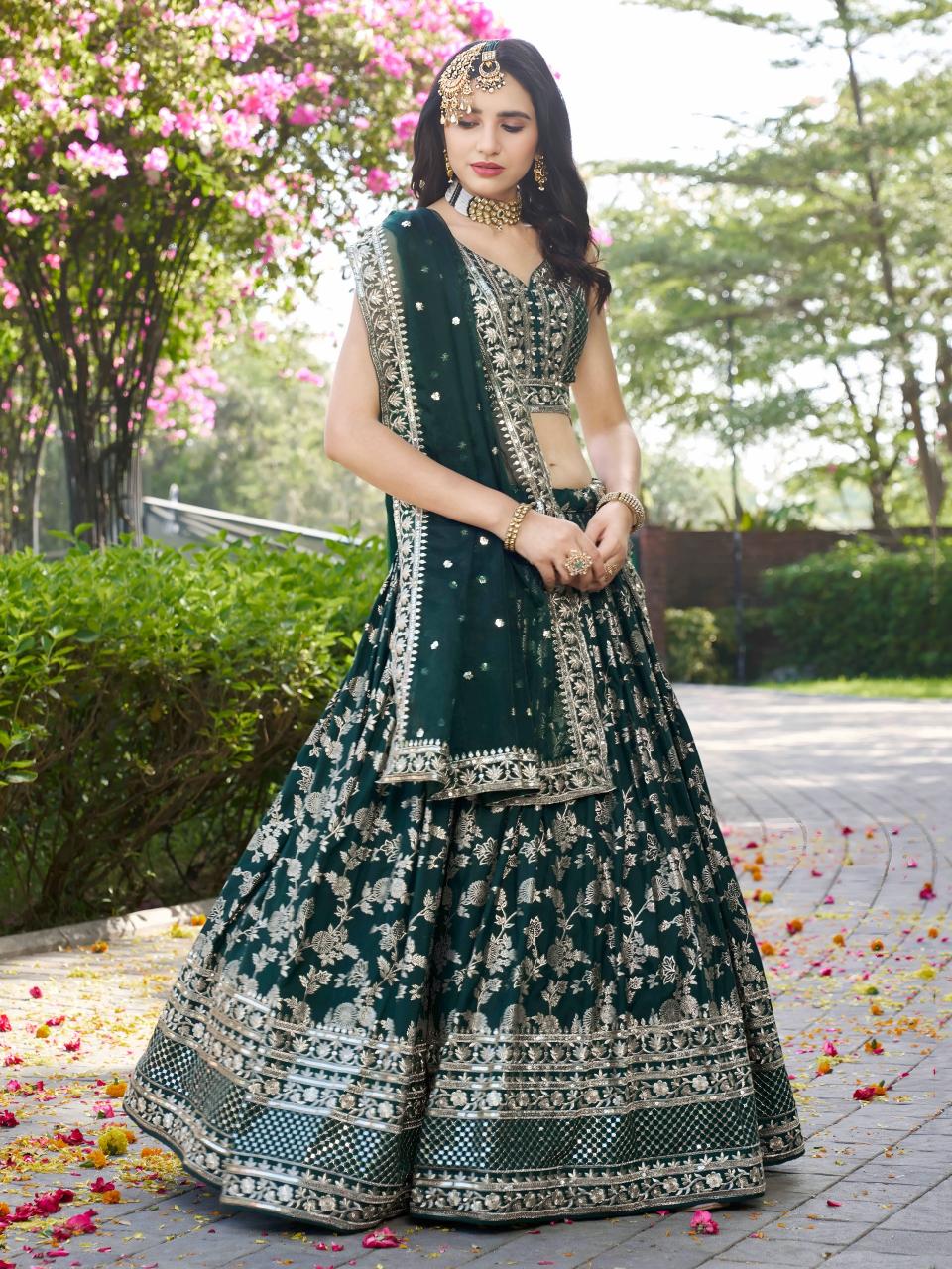 Zeel Clothing green Dola Silk Jacquard wholesale lehenga market in surat