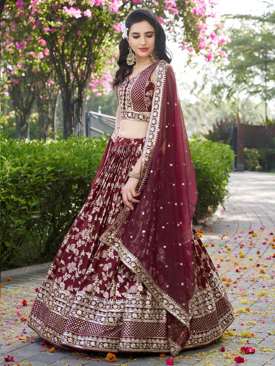 Zeel Clothing Maroon Dola Silk Jacquard lehenga wholesale market in mumbai