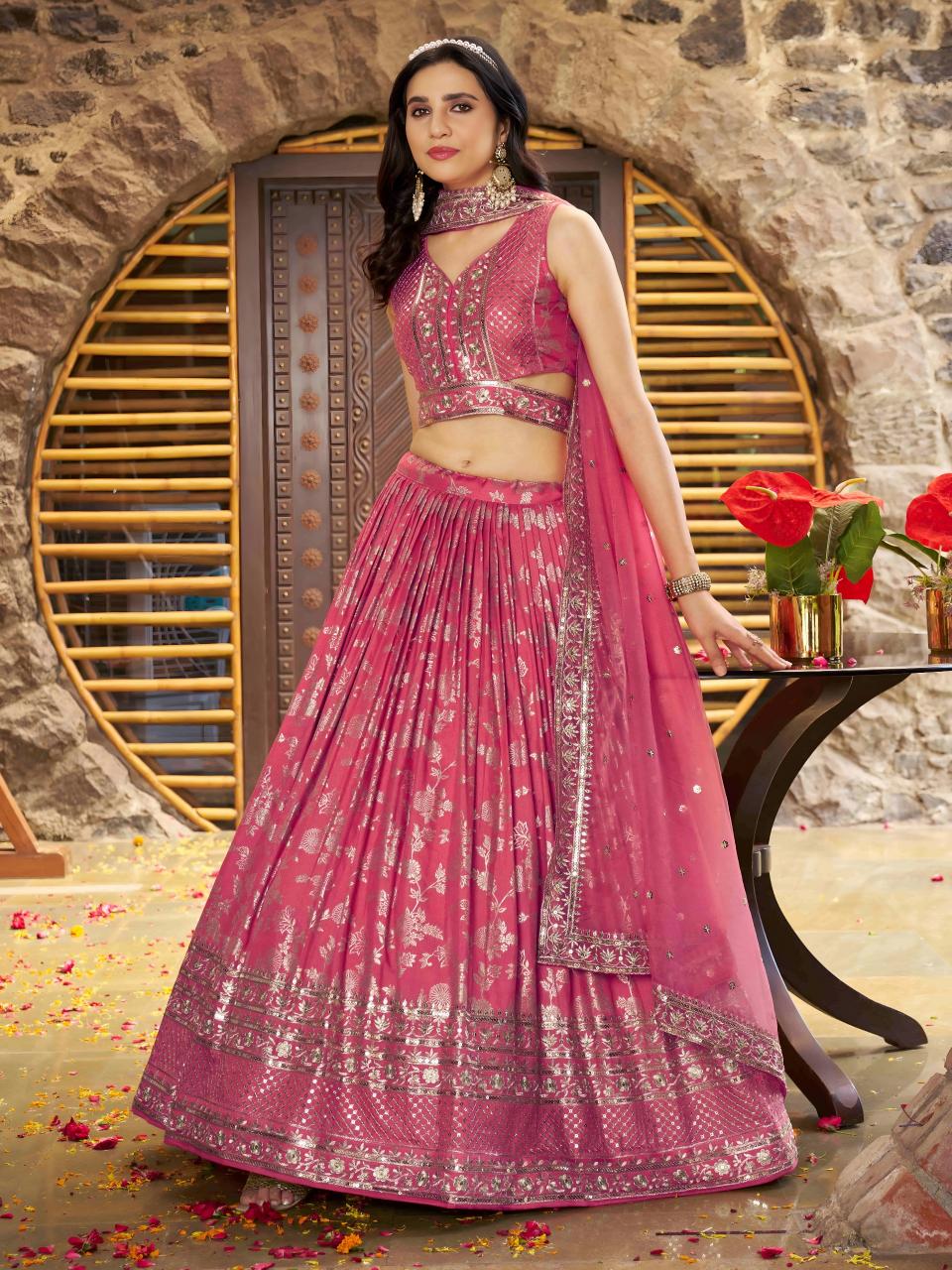 Zeel Clothing Peach Dola Silk Jacquard wholesale lehenga