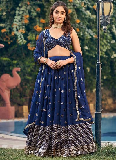 Blue Georgette Mirror Work Wedding Wear Lehenga choli with price in India