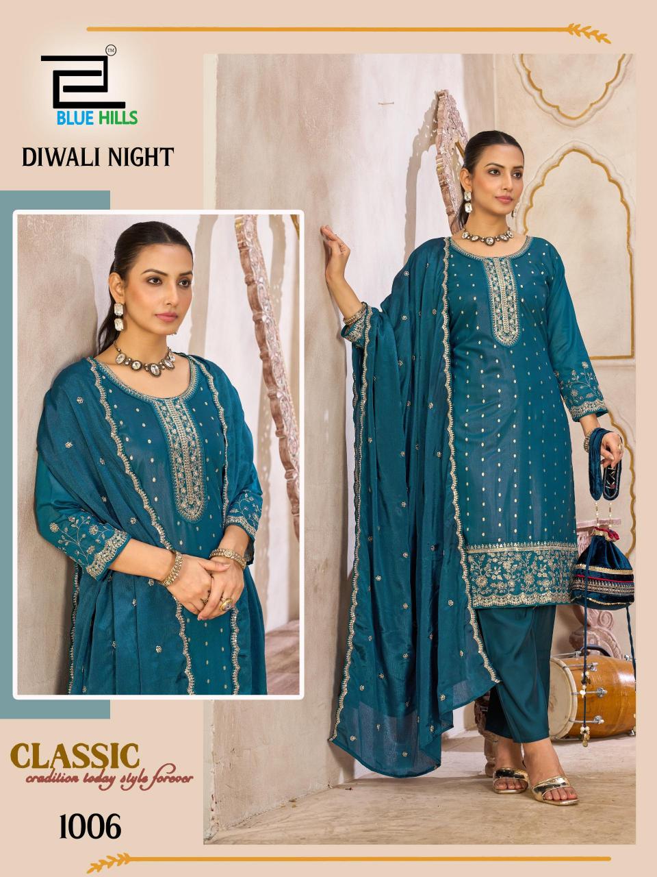 Blue hills diwali night 3 pcs kurti wholesale shop in surat