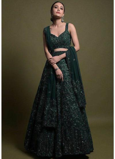 Bottle Green Net Emroidery Work Wedding Wear Lehenga choli suppliers near me 