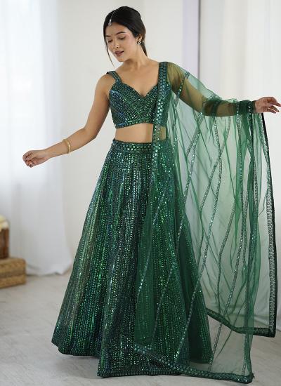 Dark Green Net Sequin Work Wedding Wear Lehenga choli wholesale shops in India