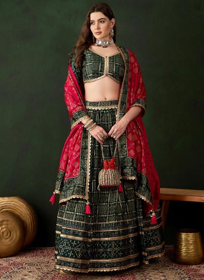 Dark Green Poly Satin Printed Work Best lehenga choli designs in Kolkata