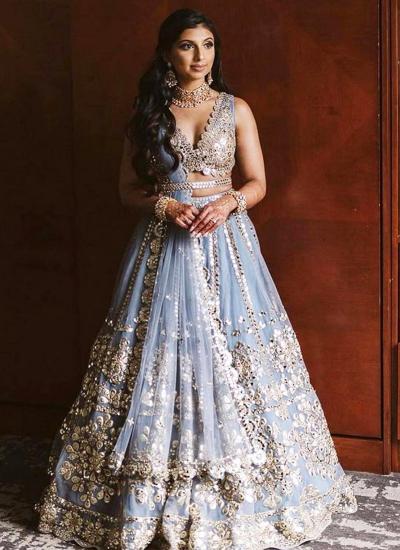 Dusty Blue Net Emroidery Work Wedding Wear Lehenga choli wholesale price