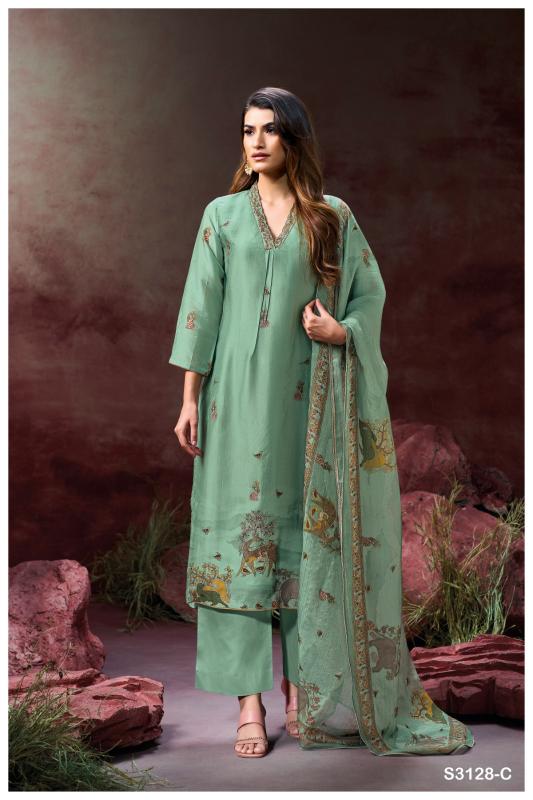 Ganga ailis 3128 satin printed jetpur dress material wholesale