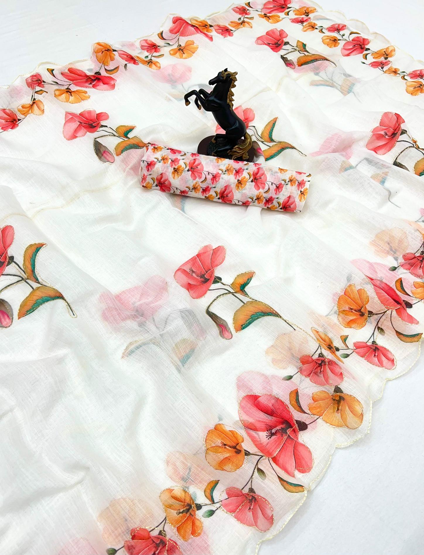 Malhar sunflower linen kalamkari digital print wholesale surat saree market