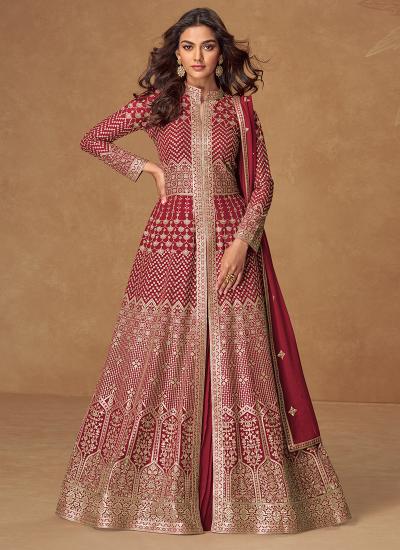 Maroon Georgette Embroidery Work Party Wear Lehenga choli wholesale market