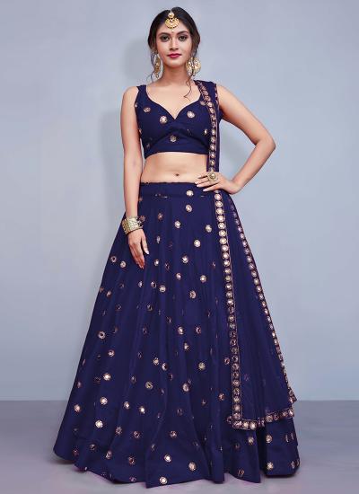 Navy Blue Taffeta Mirror Work Wedding Wear Wholesale Chiffon Lehenga Choli in Kolkata