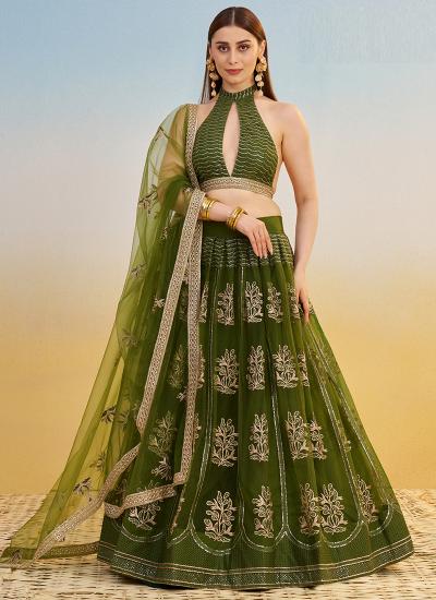 Olive Green Butterfly Net Embroidery Work Lehenga choli suppliers near me