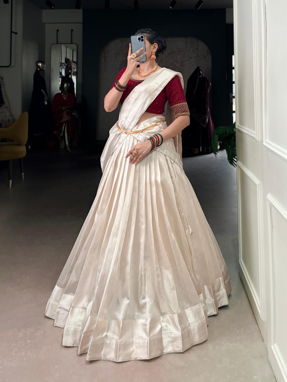 ONAM Poly Tasar Maroon Indian lehenga choli exporter