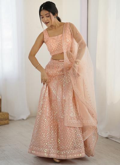 Peach Net Sequin Work Wedding Wear Lehenga choli materials in bulk in India