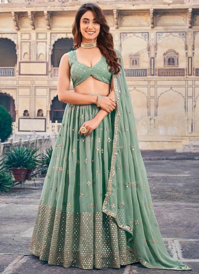 Sage Green Georgette Mirror Work Wedding Wear Lehenga choli fabric suppliers in India