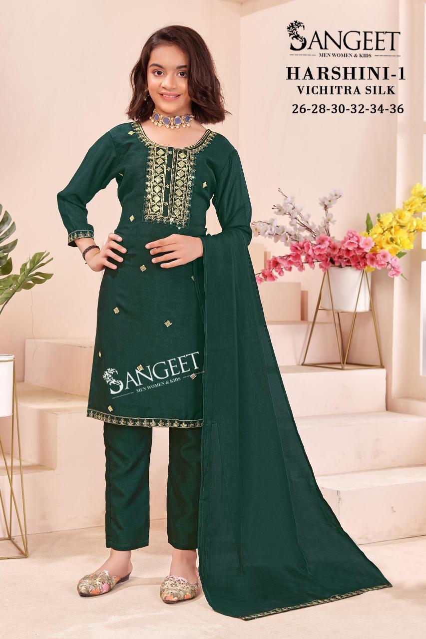 Sangeet harshini 1 kids girls wear vichitra silk 3 pcs kurti vastra wholesale