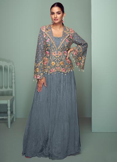 Sateel Blue Chinon Thread Embroidery Work Lehenga choli wholesale in Ahmedabad