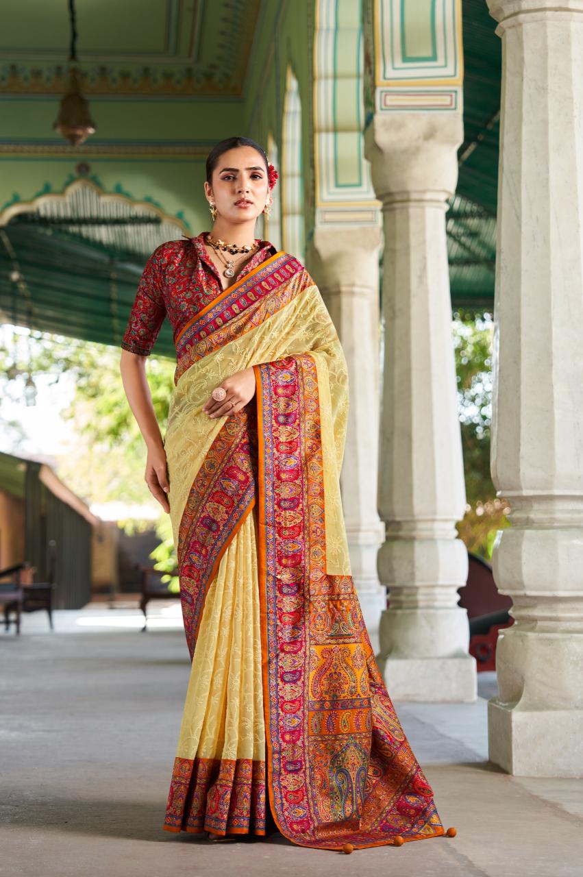 Shorya kreshva shanti luknowi pashmina print saree market surat 