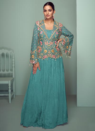 Teal Green Chinon Thread Embroidery Work Top lehengha choli market in Gujarat