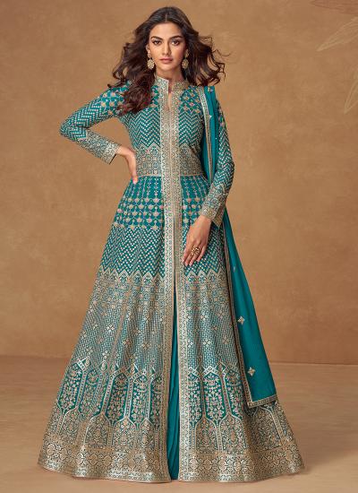 Teal Green Georgette Embroidery Work Party Wear Designer lehenga choli wholesale