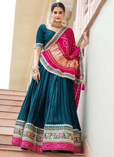 Teal Poly Satin Bandhani Work Affordable lehengha choli suppliers in Surat