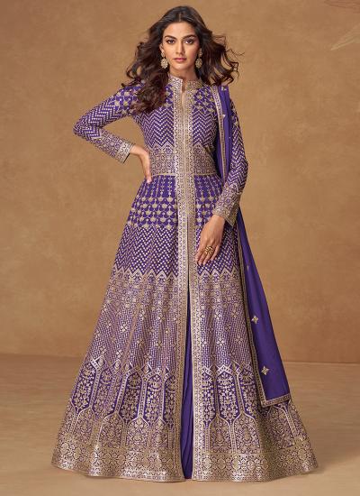 Violet Georgette Embroidery Work Party Wear Lehenga choli fabric suppliers