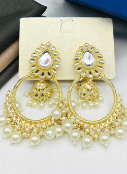 Wedding Wear Golden Kundan Pearl Earrings 600 Fashion imitation jewellery suppliers in Surat
