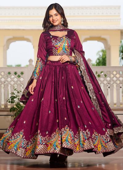 Wine Vichitra Embroidery Work Navratri Lehenga choli wholesale in Surat